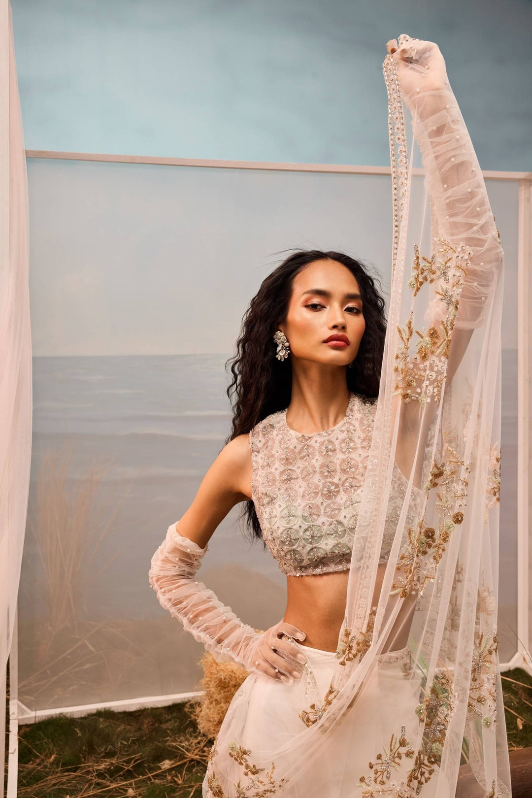 White Pre-stitched Tulle Saree And Blouse With Geometric Embroidery