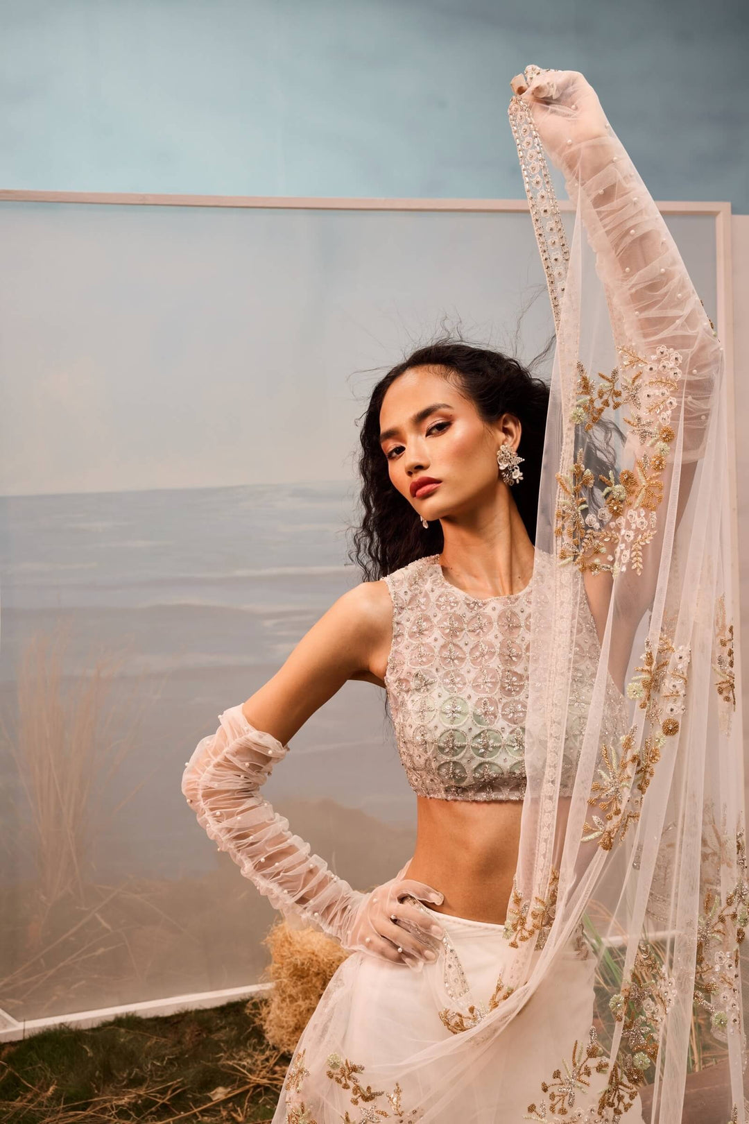 White Pre-stitched Tulle Saree And Blouse With Geometric Embroidery