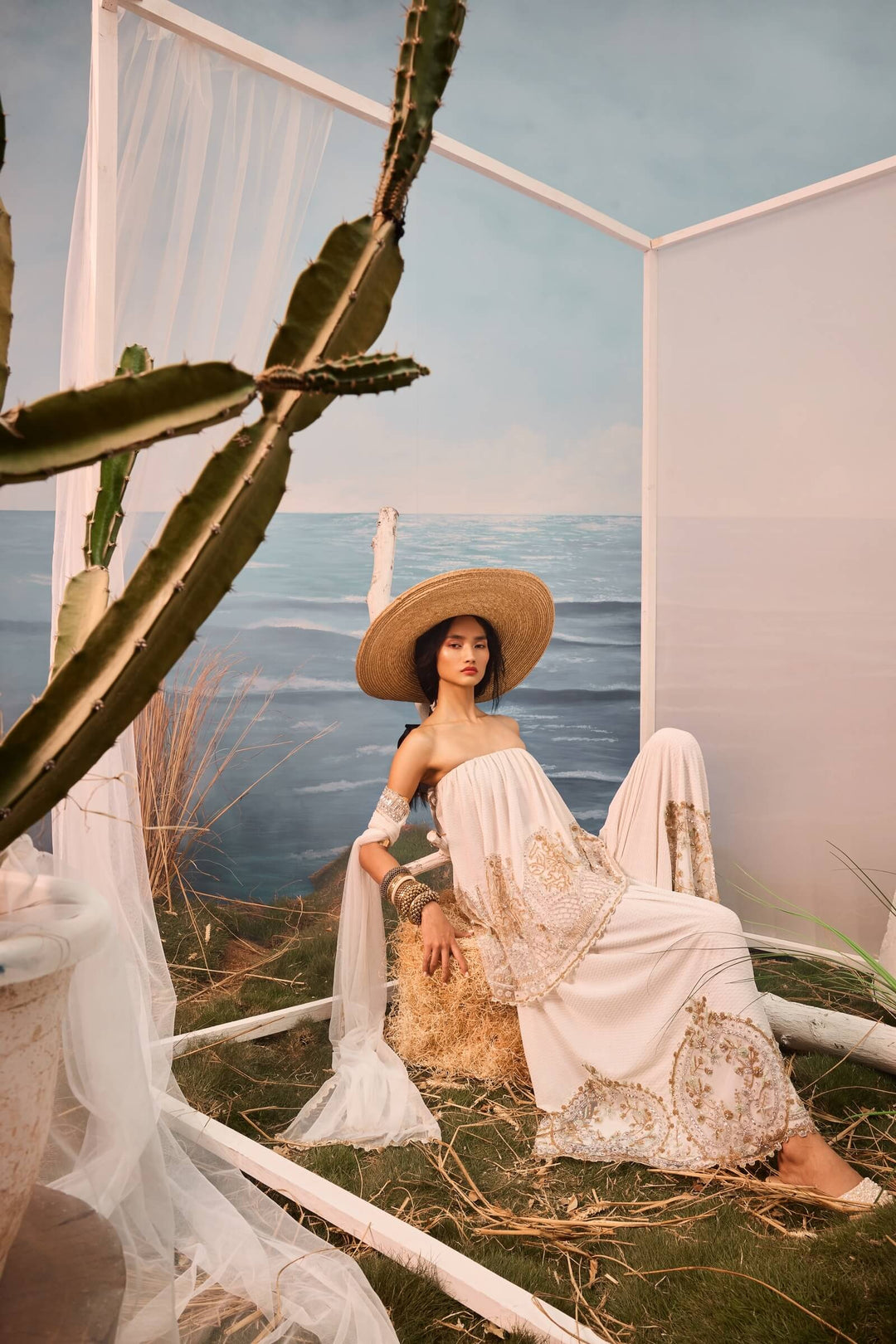 Ivory Checkered Bardot And Pants With Tulle Inlays