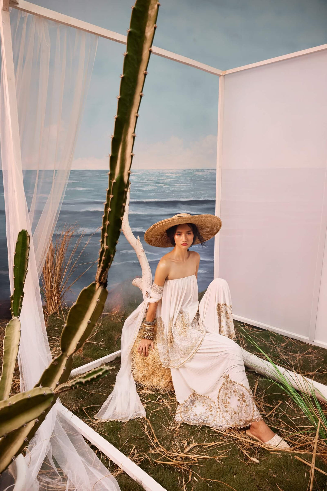 Ivory Checkered Bardot And Pants With Tulle Inlays