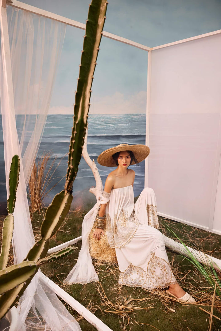 Ivory Checkered Bardot And Pants With Tulle Inlays