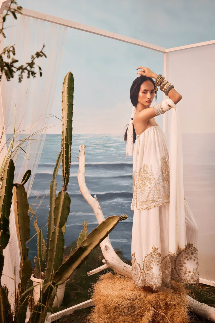 Ivory Checkered Bardot And Pants With Tulle Inlays