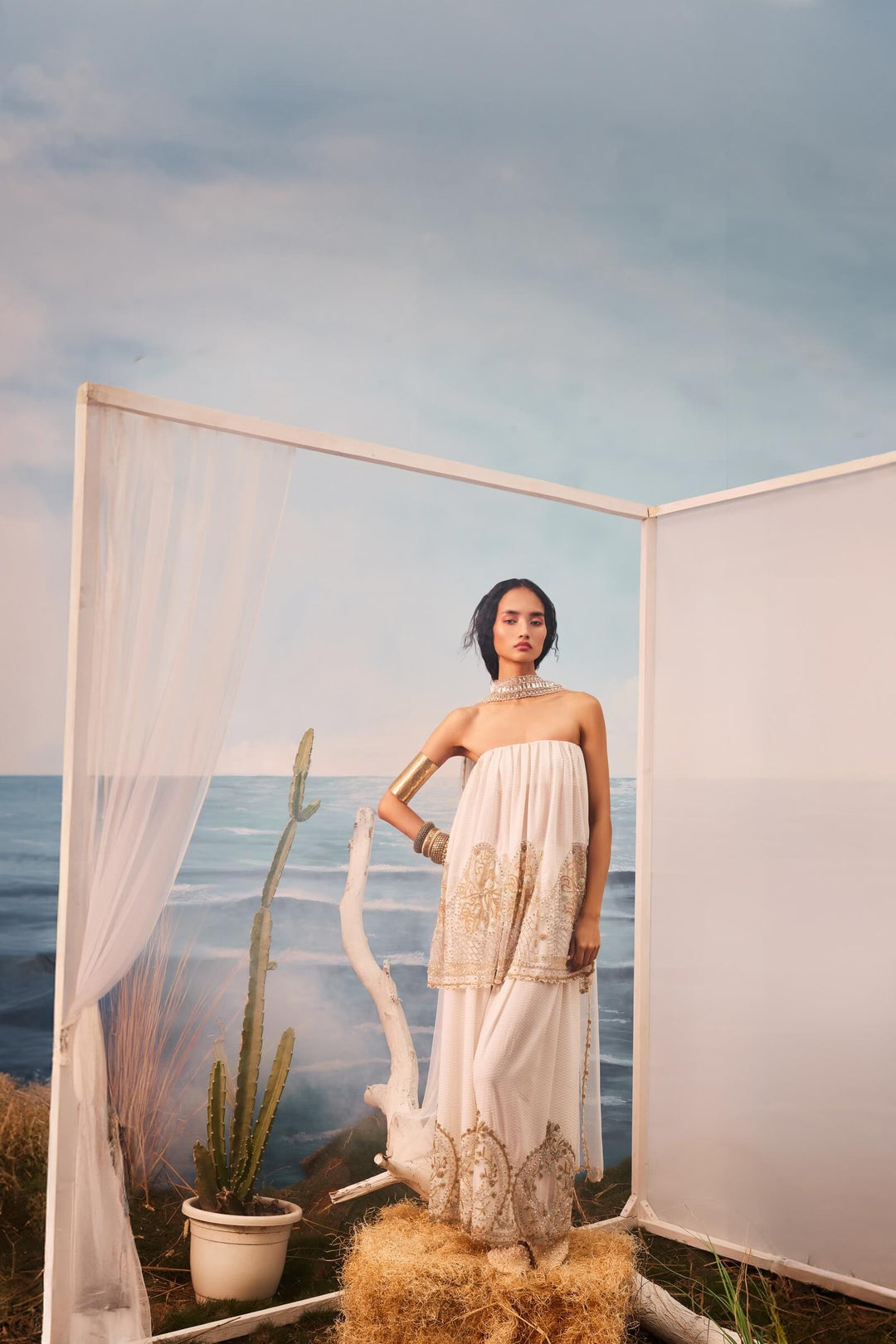 Ivory Checkered Bardot And Pants With Tulle Inlays