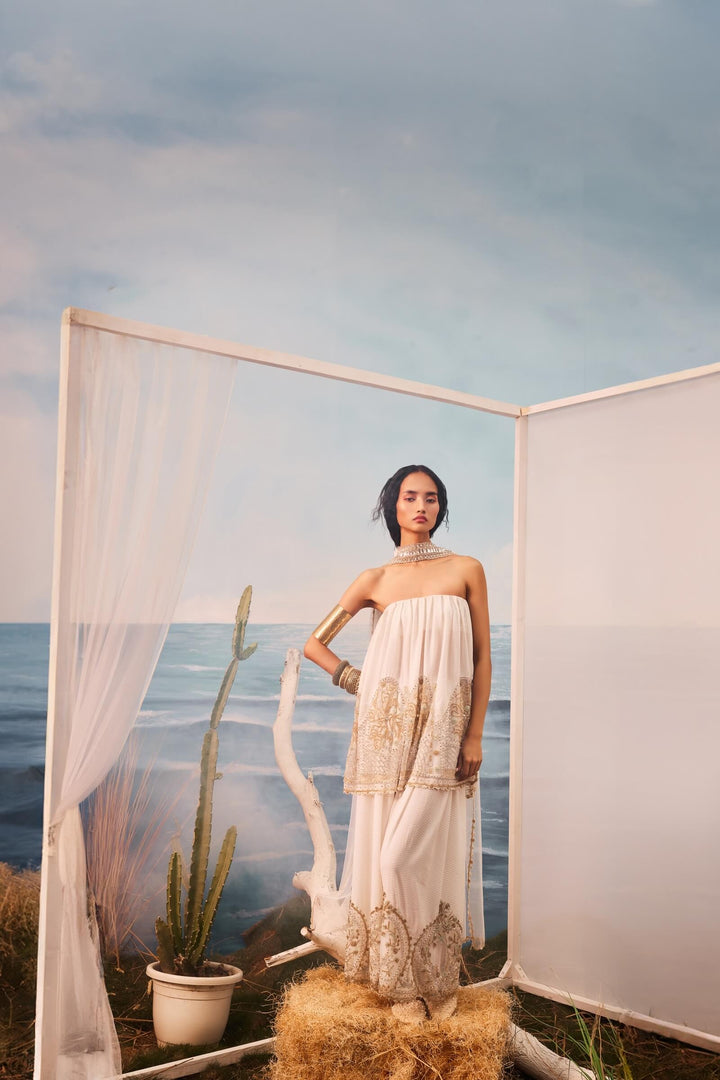 Ivory Checkered Bardot And Pants With Tulle Inlays