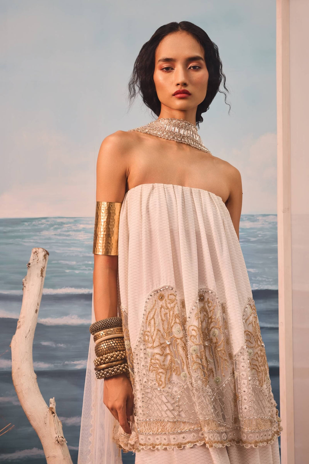 Ivory Checkered Bardot And Pants With Tulle Inlays
