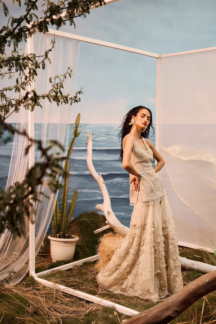 Champagne Full Length Jacket With Geometric Pattern And Lehenga And Dupatta