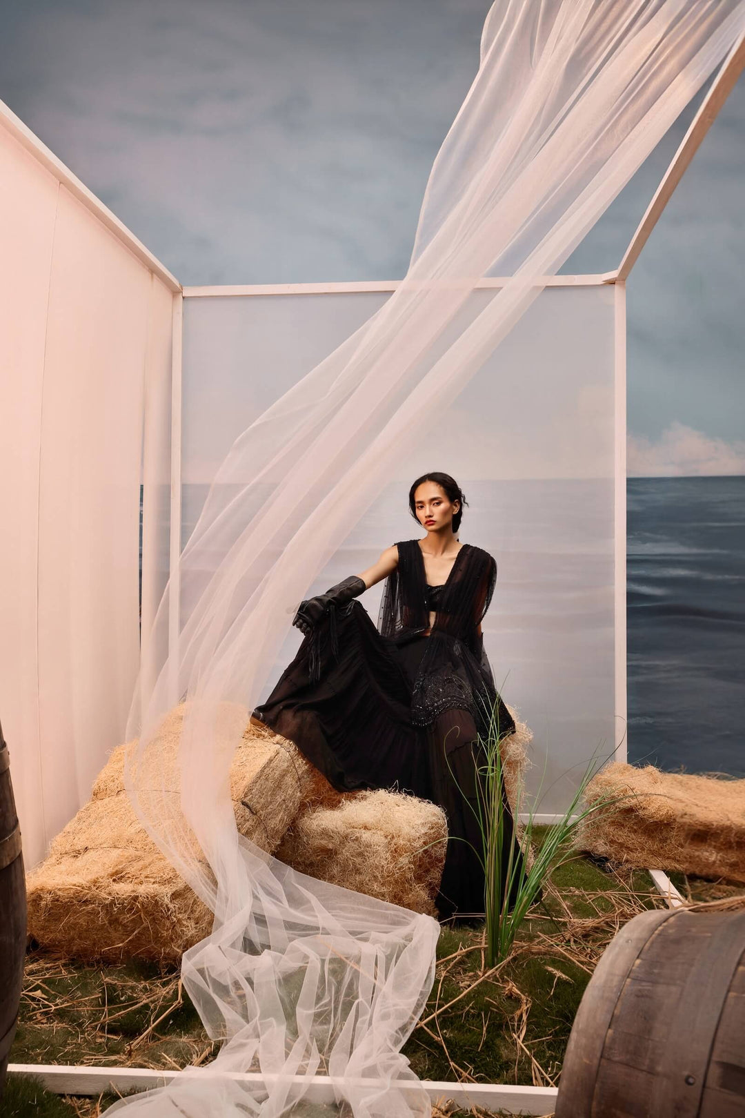 Black Tiered Sharara With Tulle Draped Jacket And Beaded Blouse