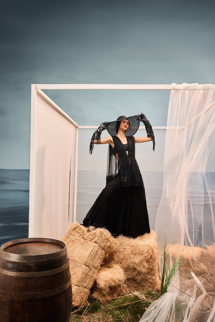 Black Tiered Sharara With Tulle Draped Jacket And Beaded Blouse