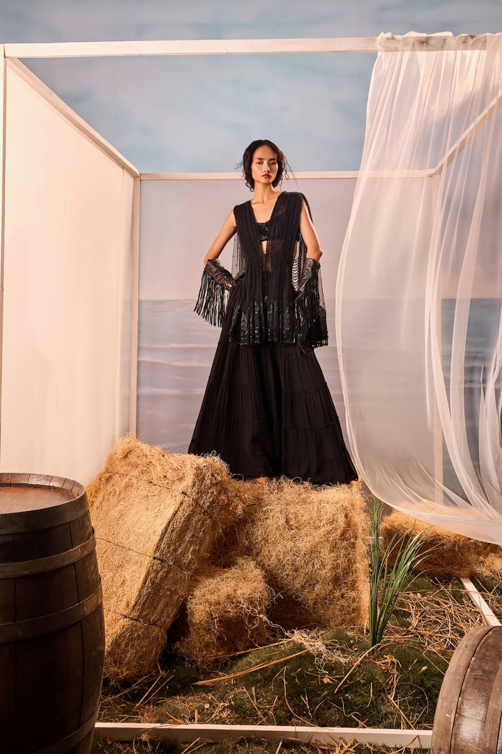Black Tiered Sharara With Tulle Draped Jacket And Beaded Blouse
