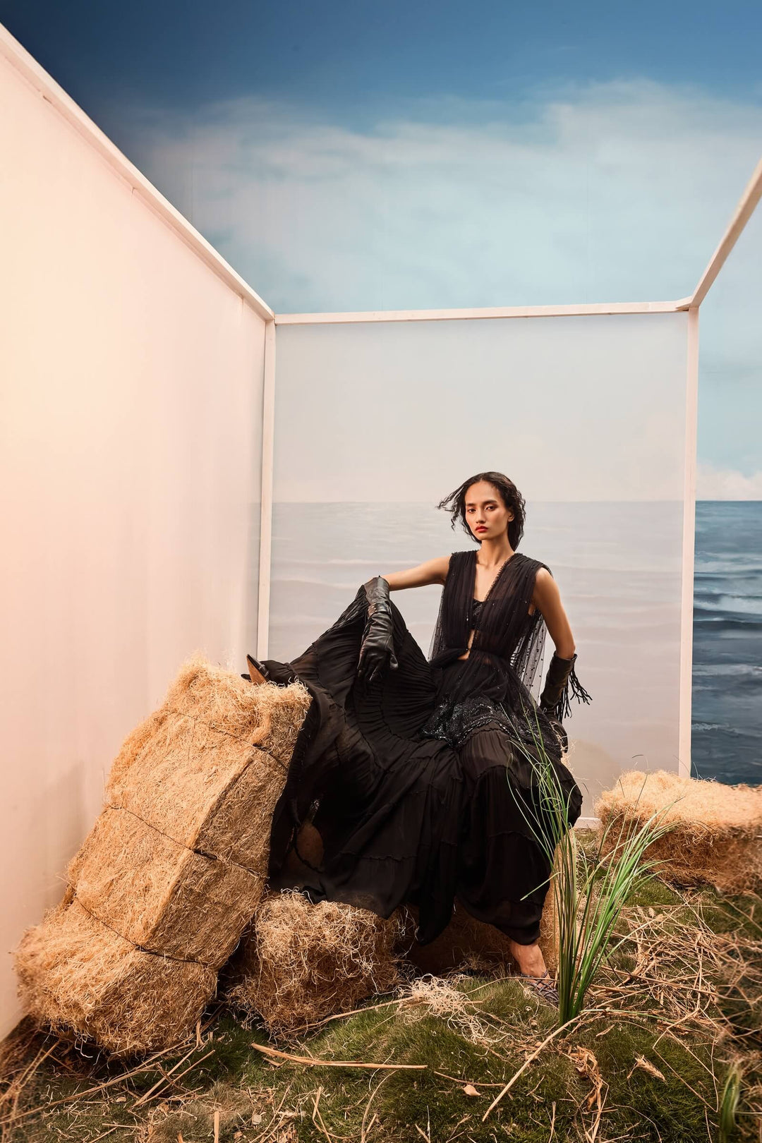 Black Tiered Sharara With Tulle Draped Jacket And Beaded Blouse