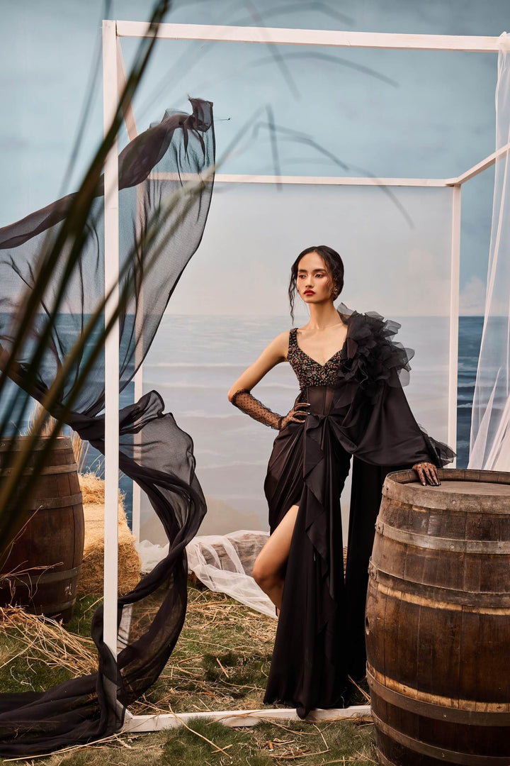 Black Satin Drape Saree With Embellished Bodysuit