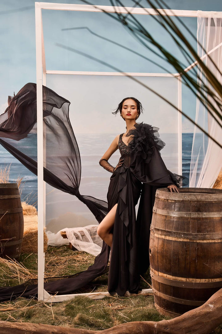 Black Satin Drape Saree With Embellished Bodysuit