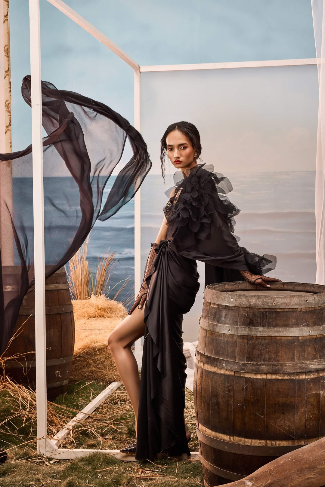 Black Satin Drape Saree With Embellished Bodysuit