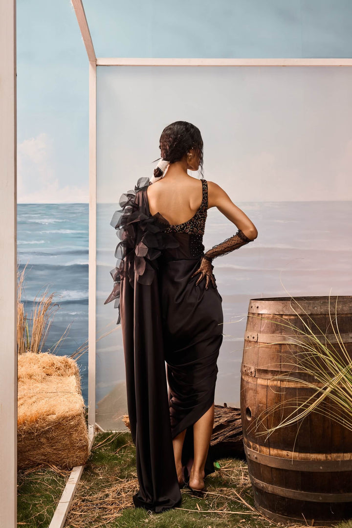 Black Satin Drape Saree With Embellished Bodysuit