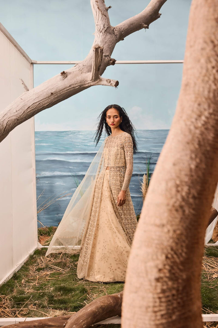 Champagne Full Length Jacket With Geometric Pattern And Lehenga And Dupatta