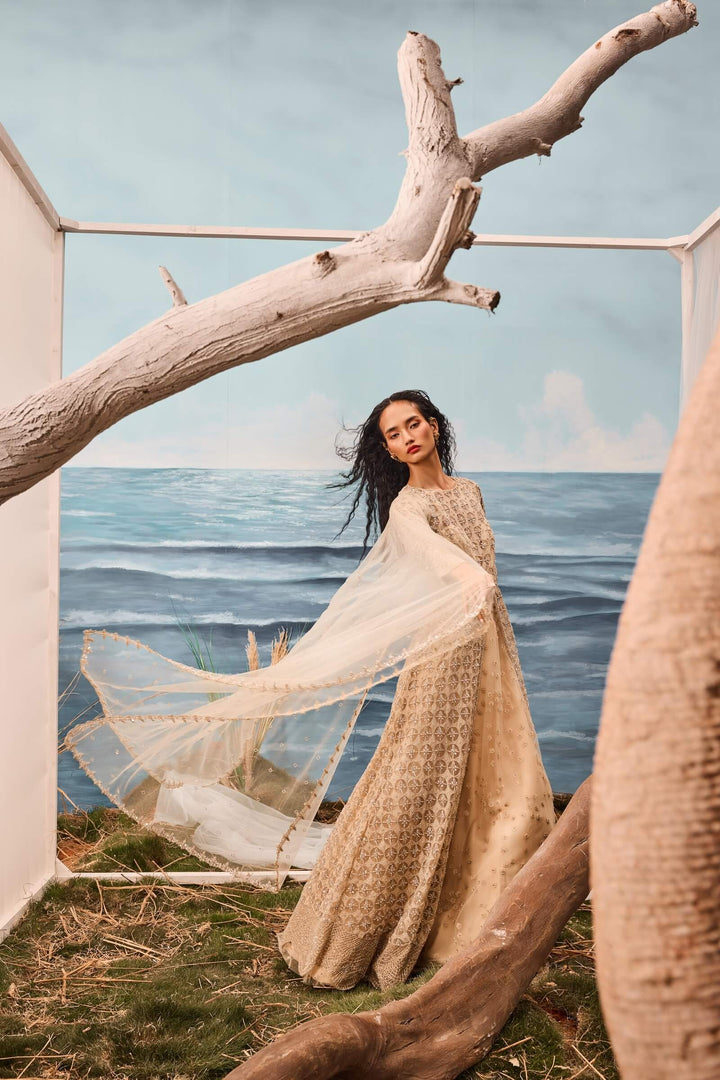 Champagne Full Length Jacket With Geometric Pattern And Lehenga And Dupatta