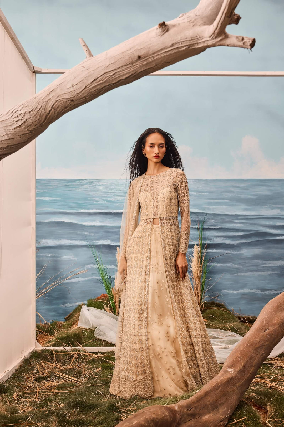 Champagne Full Length Jacket With Geometric Pattern And Lehenga And Dupatta