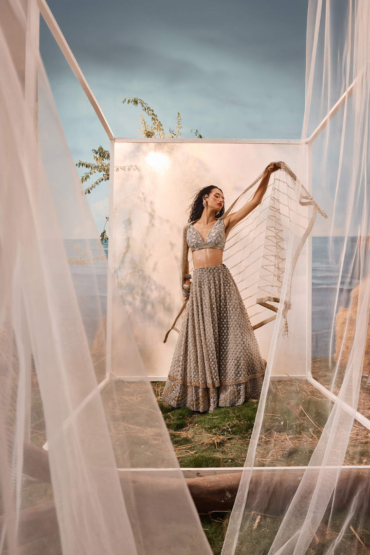 Grey 3d Flower Lehenga With Geometric Border, Threadwork Blouse And Embroidered Dupatta