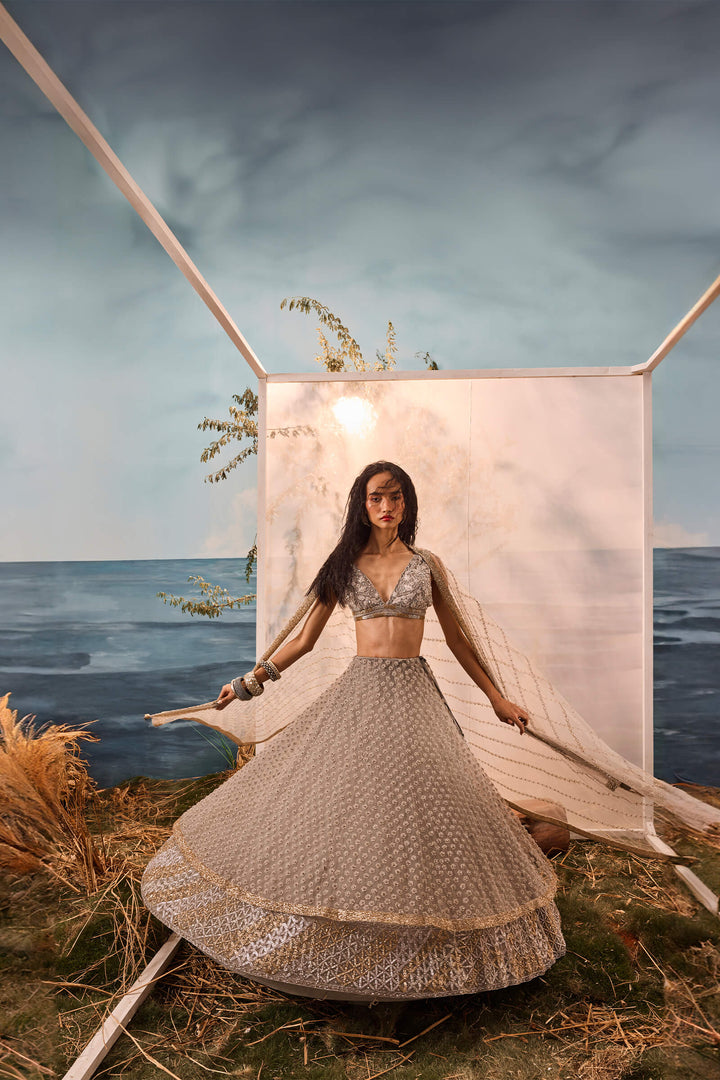 Grey 3d Flower Lehenga With Geometric Border, Threadwork Blouse And Embroidered Dupatta