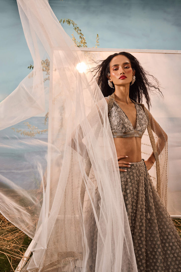 Grey 3d Flower Lehenga With Geometric Border, Threadwork Blouse And Embroidered Dupatta