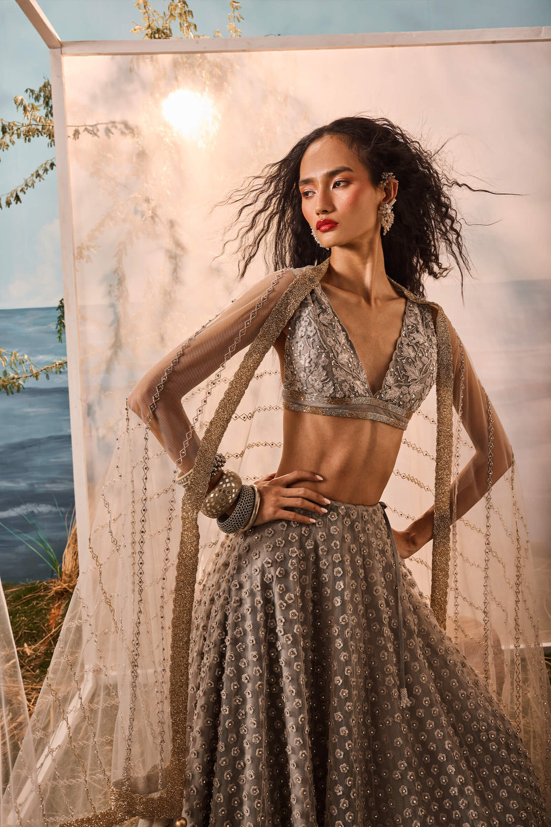Grey 3d Flower Lehenga With Geometric Border, Threadwork Blouse And Embroidered Dupatta