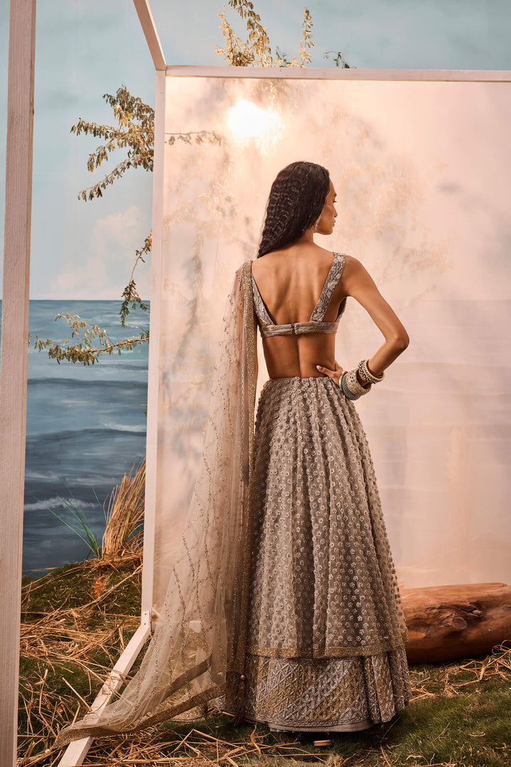 Grey 3d Flower Lehenga With Geometric Border, Threadwork Blouse And Embroidered Dupatta