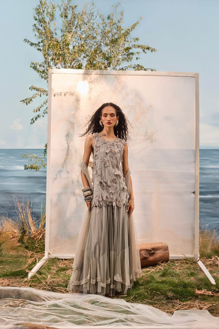 Grey Tassel Top With Frill Lehenga And Embroidered Stole