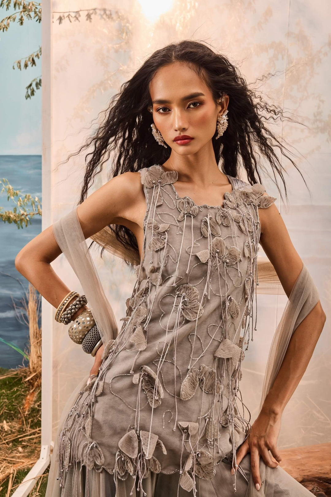 Grey Tassel Top With Frill Lehenga And Embroidered Stole