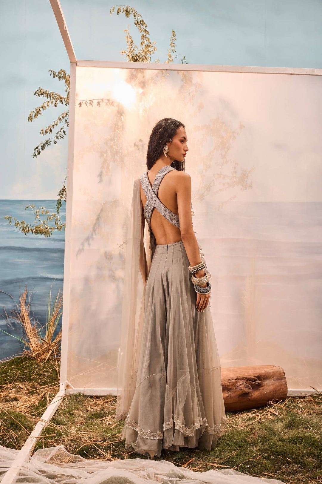 Grey Tassel Top With Frill Lehenga And Embroidered Stole