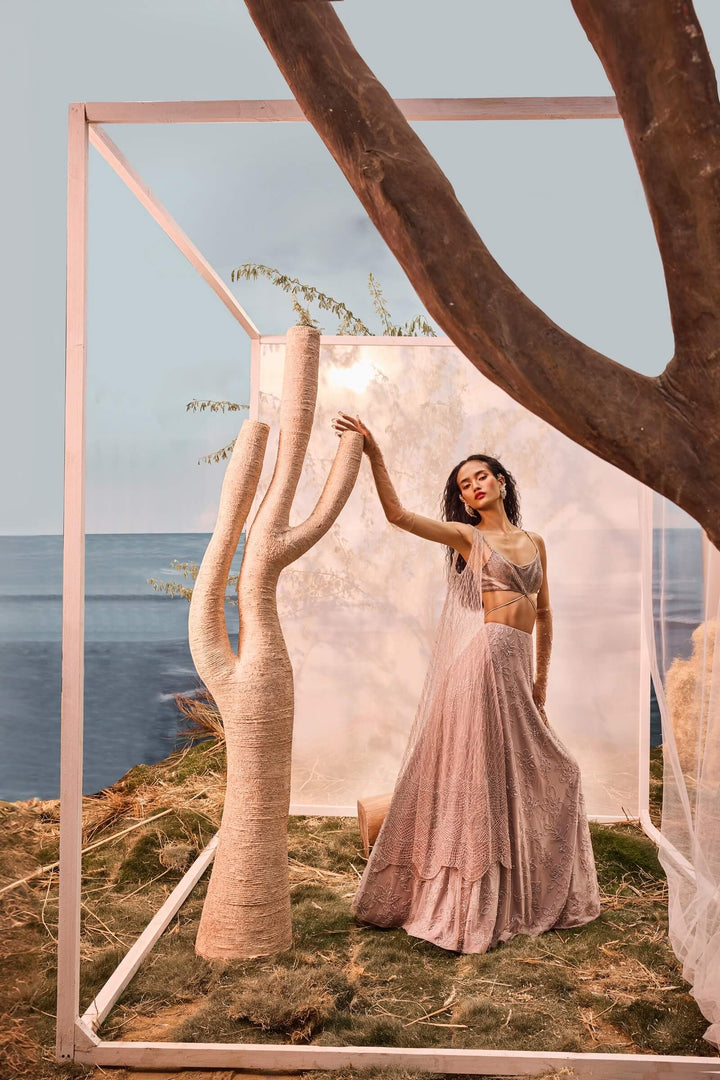 Burnt Pink Floral Embroidered Lehenga With Beaded Tie Up Blouse And Armhole Dupatta