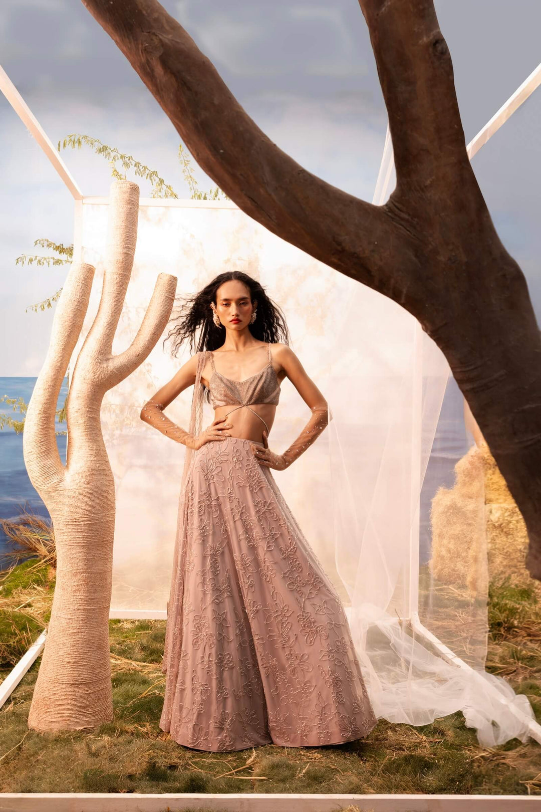 Burnt Pink Floral Embroidered Lehenga With Beaded Tie Up Blouse And Armhole Dupatta