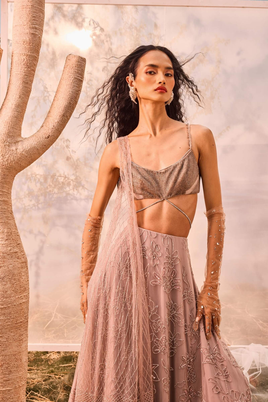 Burnt Pink Floral Embroidered Lehenga With Beaded Tie Up Blouse And Armhole Dupatta