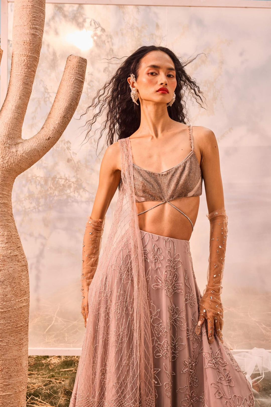 Burnt Pink Floral Embroidered Lehenga With Beaded Tie Up Blouse And Armhole Dupatta