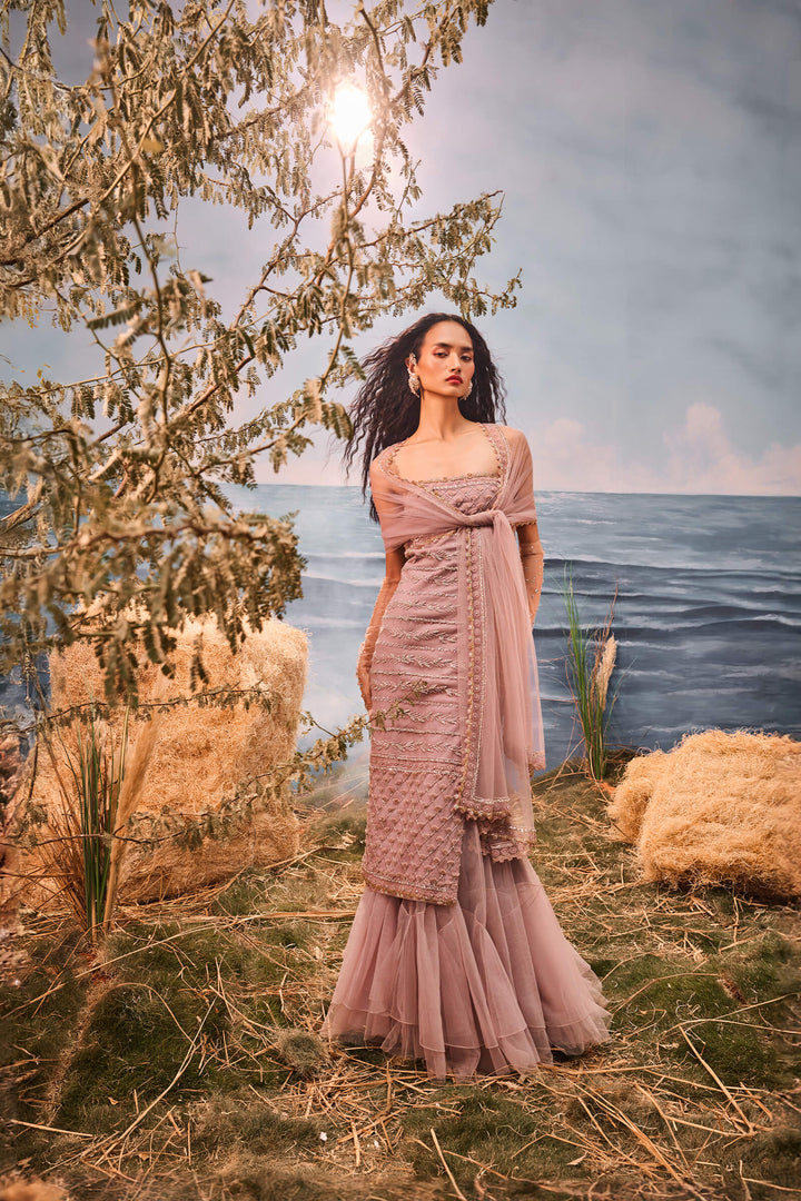 Burnt Pink Bodycon Dress With Frill Lehenga And Embroidered Dupatta
