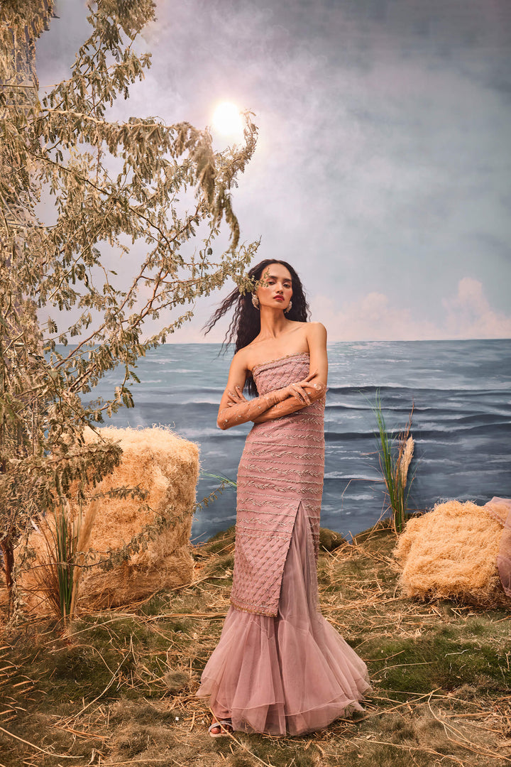 Burnt Pink Bodycon Dress With Frill Lehenga And Embroidered Dupatta