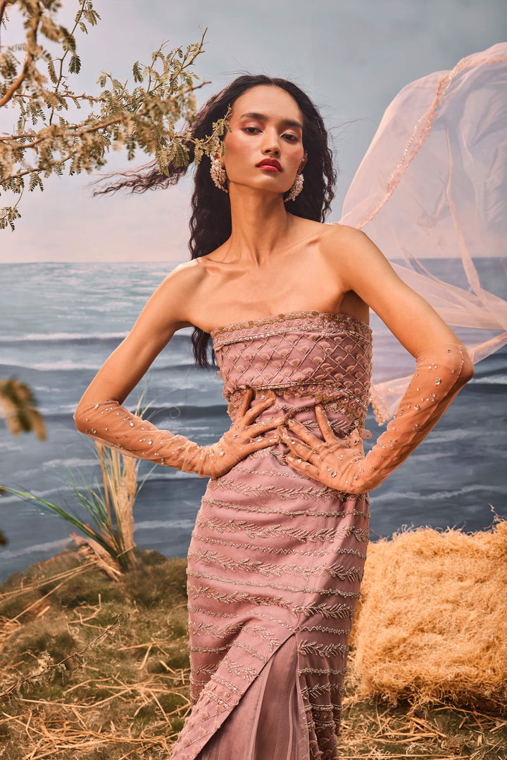 Burnt Pink Bodycon Dress With Frill Lehenga And Embroidered Dupatta