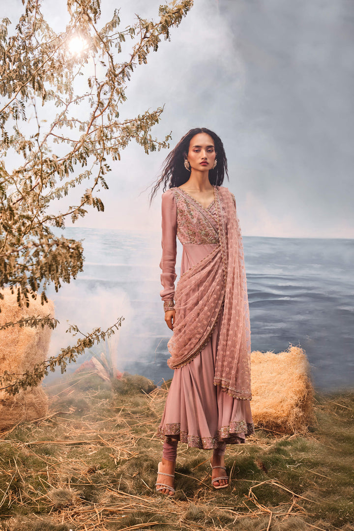 Burnt Pink Anarkali With 3d Flower Dupatta
