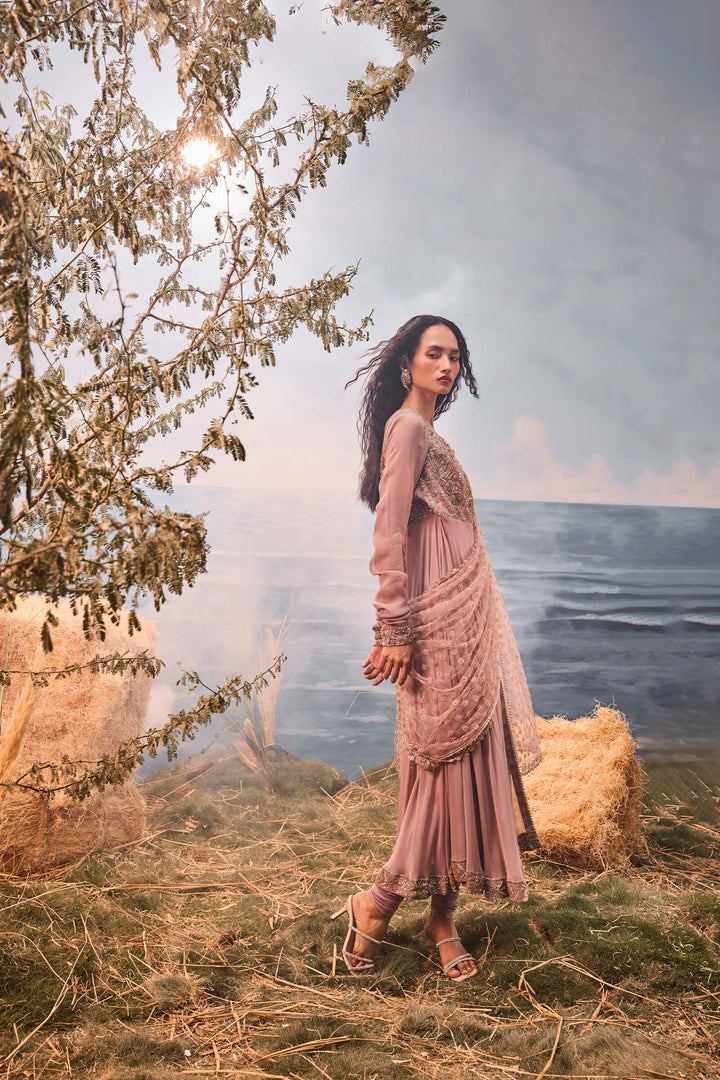 Burnt Pink Anarkali With 3d Flower Dupatta