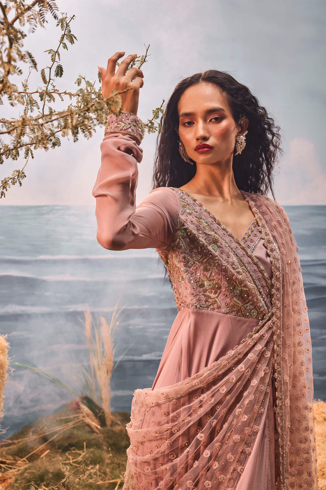 Burnt Pink Anarkali With 3d Flower Dupatta