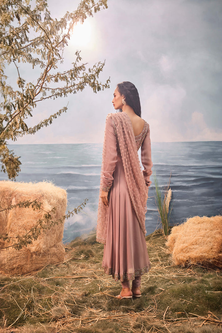 Burnt Pink Anarkali With 3d Flower Dupatta