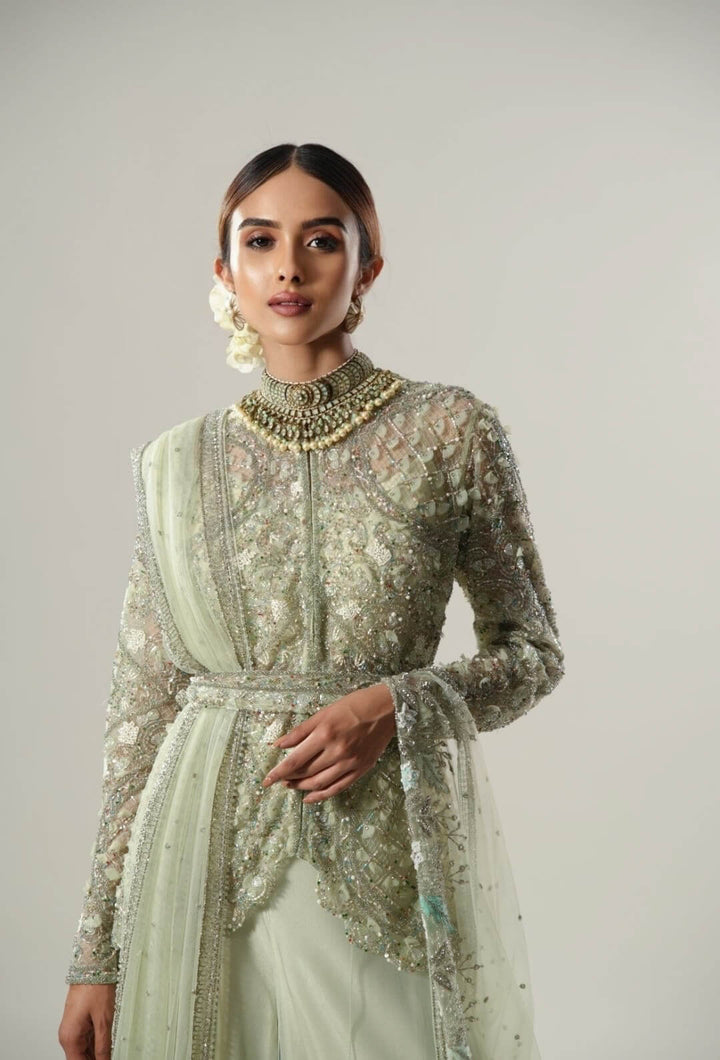 Sea Green Petal Jacket With Thread Embroidered Sharara And Dupatta