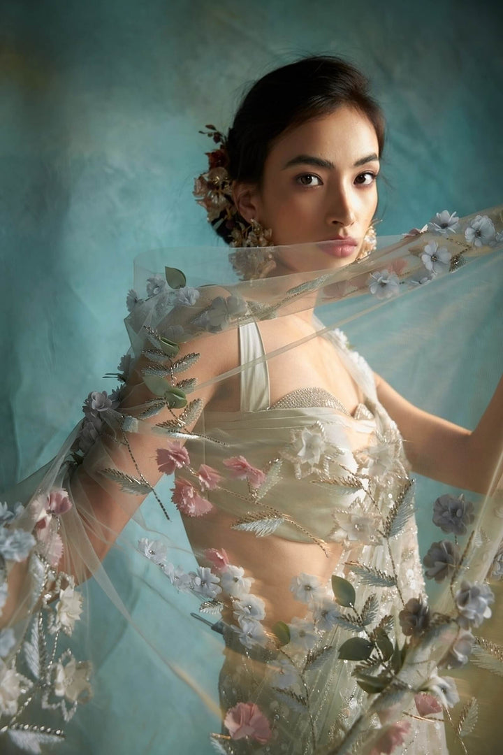 Sea Spray Saree With Stone Studded Satin Blouse (Mint)