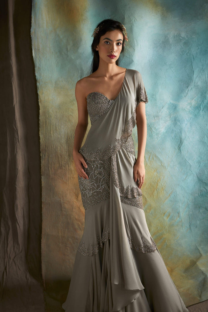 Grey Fishtail Saree With Embellished Corset