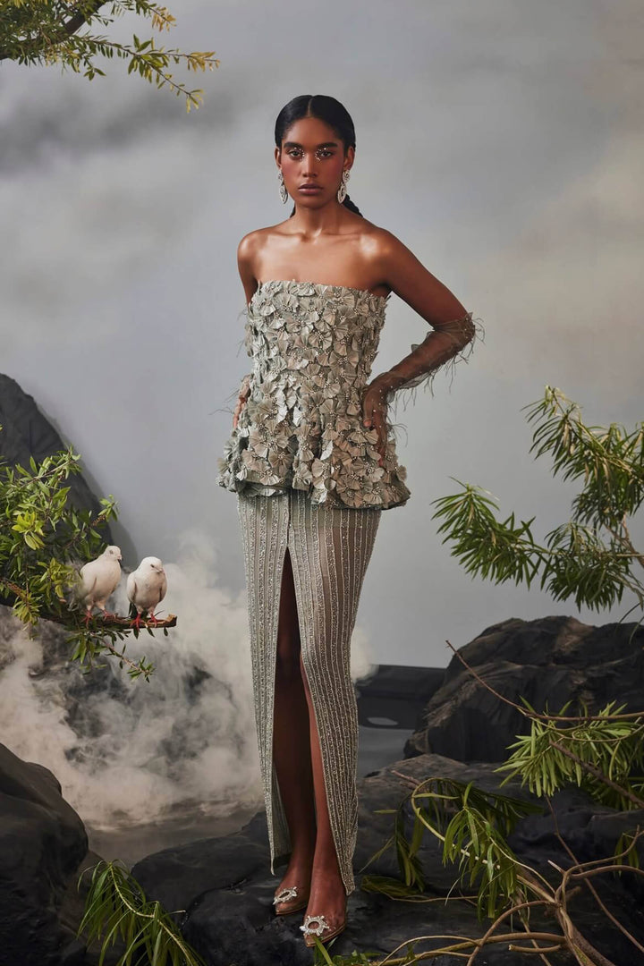 Feather Embellished Peplum Top With Slit Skirt