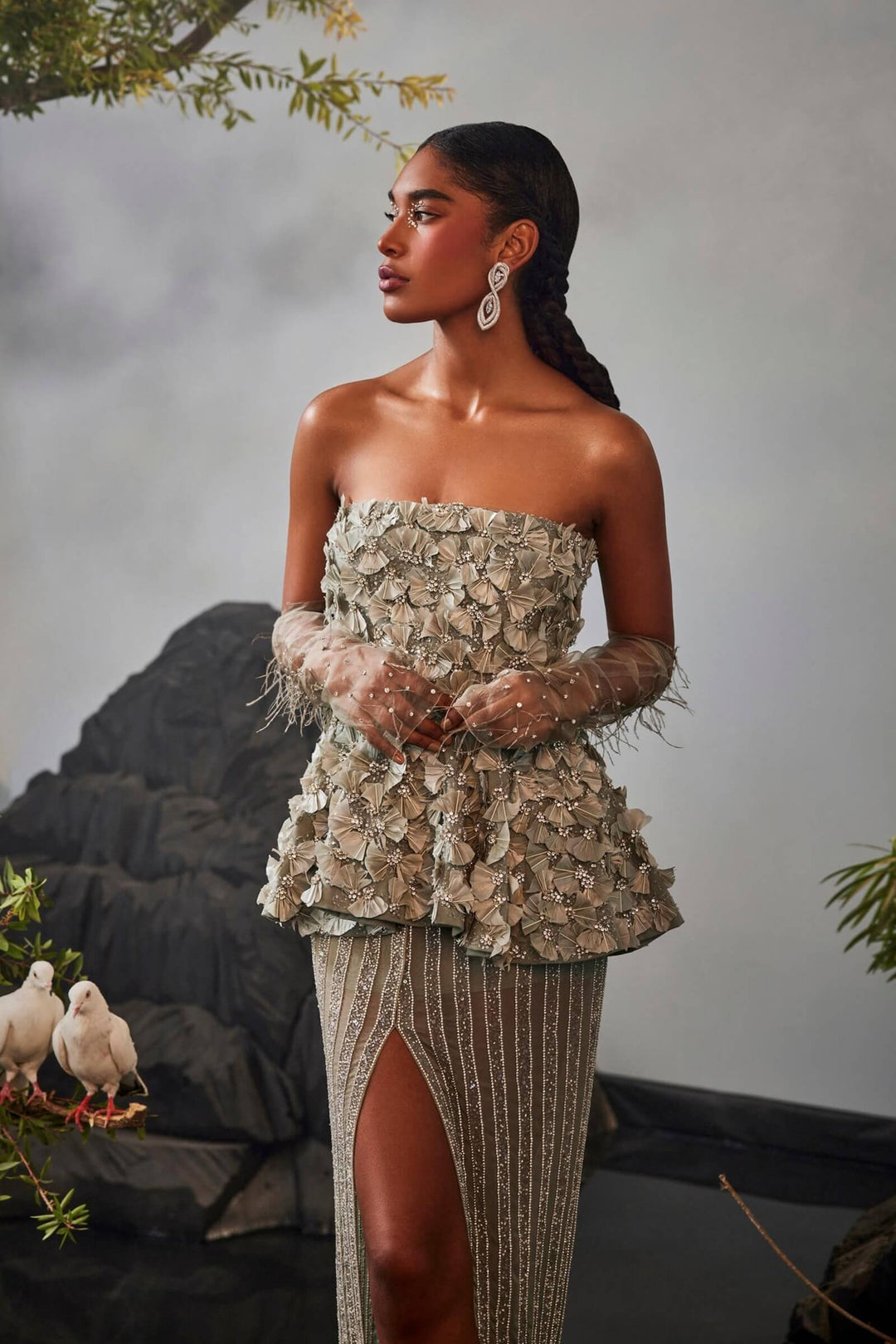 Feather Embellished Peplum Top With Slit Skirt
