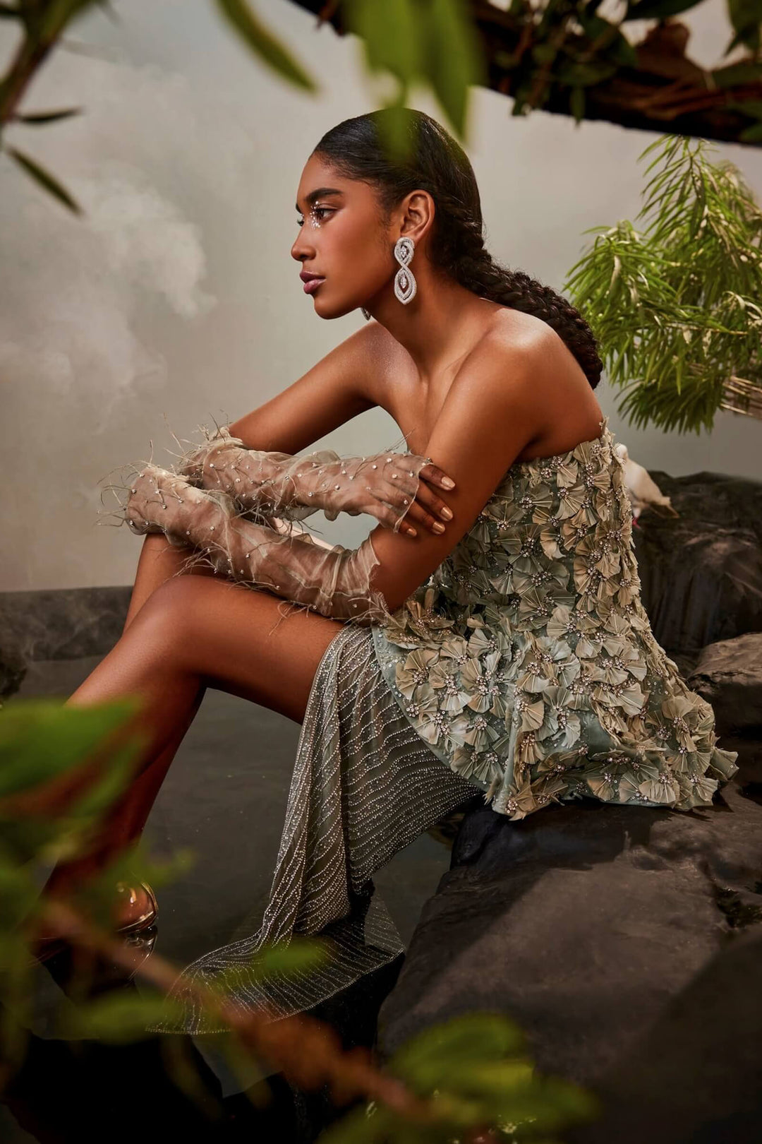 Feather Embellished Peplum Top With Slit Skirt