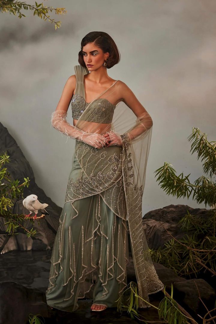 Layered Sharara Saree And Corset With Structured Shoulder