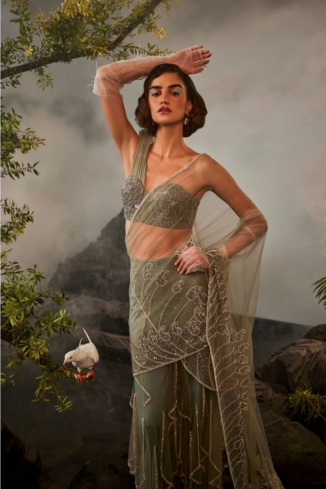 Layered Sharara Saree And Corset With Structured Shoulder