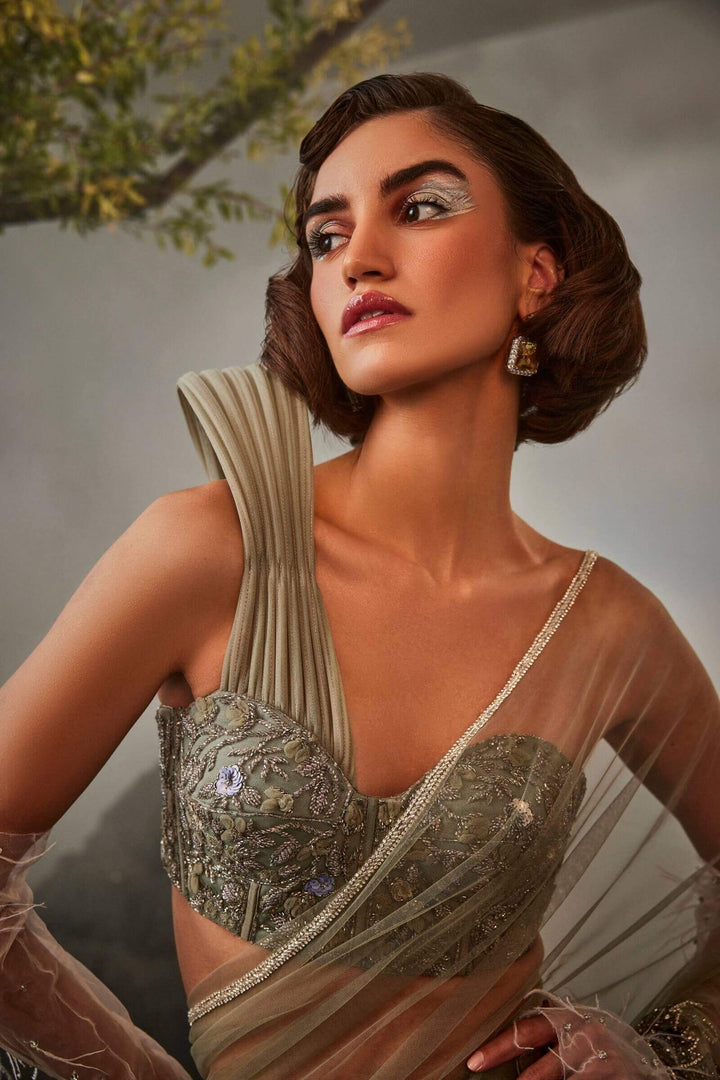 Layered Sharara Saree And Corset With Structured Shoulder