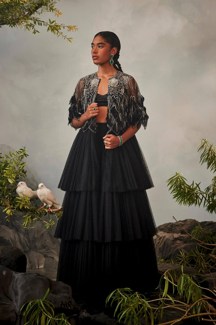 Feather Embellished Tiered Jacket With Draped Sharara And Beaded Bralet